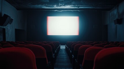 Fototapeta premium The screen in a darkened theater starts to glow as the movie begins, the light spreading across the seats.