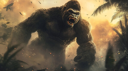 king kong rampage style a king kong gorilla goes on a rampage in the city king kong rampage in jungle, Generative AI 