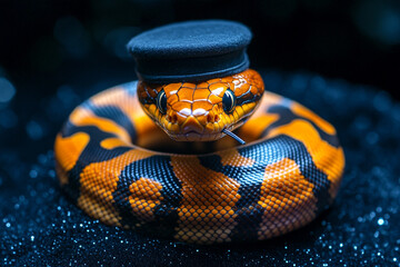 a snake wearing a magician’s hat and holding a tiny wand in its coil, set against a dark blue starry background, evoking a mystical and funny atmosphere