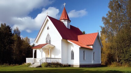 Fototapeta premium Traditional Finnish wooden church with a red roof and white walls