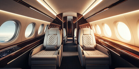 Fototapeta premium The spacious cabin of the aircraft features a modern design, comfortable seats and bright interior lighting.