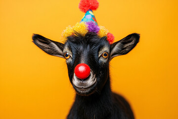 a goat wearing a bright red clown nose and a multicolored party hat, standing against a sunny orange background, appearing ready for a celebration