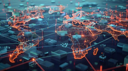 A glowing digital map of the world with interconnected lines representing global communication and networks.