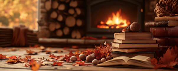 A cozy autumn scene with a fireplace, a stack of books, and scattered leaves and acorns, creating a warm, inviting atmosphere for the season.