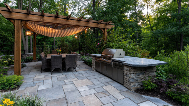 terrasse avec pergola, barbecue, table et chaises pour diner en ext&eacute;rieur