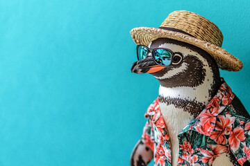 a penguin wearing a Hawaiian shirt and a straw hat, waddling on a turquoise background, giving off a relaxed vacation vibe.