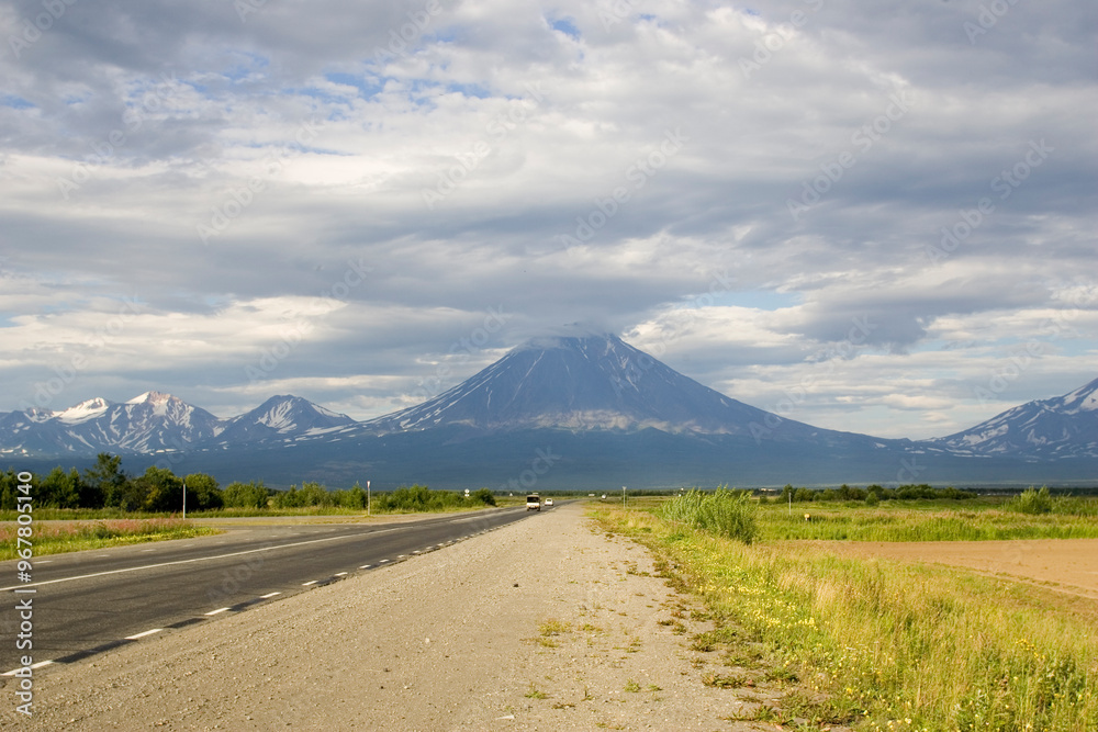 Sticker Russia Kamchatka landscape on a summer cloudy day