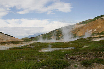 Russia Kamchatka Valley of Geysers on a summer cloudy day