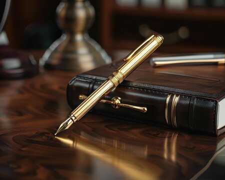 A gold fountain pen rests on a closed leather-bound book on a wooden desk.  The pen is positioned to highlight its elegant design.