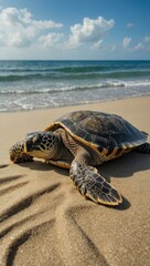A lone turtle rests on a sandy beach, with the ocean waves gently washing ashore.