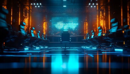 Futuristic courtroom scene where AI algorithms ensure legislative parity and impartiality, hightech design