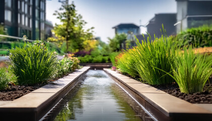 The greenery showcases a sustainable urban design with rain gardens and permeable surfaces...