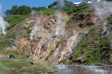 Russia Kamchatka Valley of Geysers on a summer cloudy day