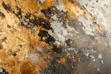 A dramatic explosion of metallic paints in gold, silver, and bronze, with rich, glossy splatters that create a luxurious and shimmering effect.
