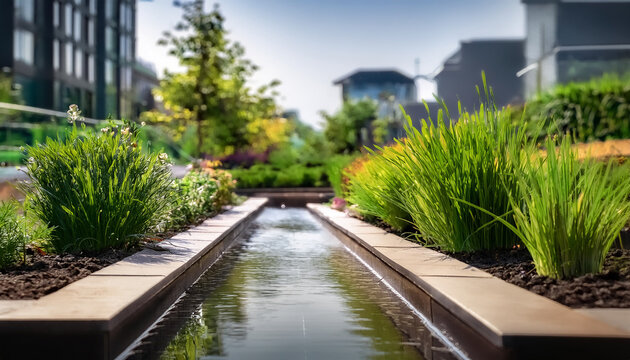 The greenery showcases a sustainable urban design with rain gardens and permeable surfaces strategically placed for managing stormwater runoff
