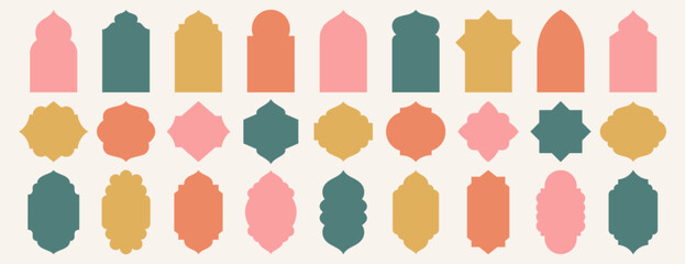 Old mosque windows shape in oriental style. Islamic door set, flat arabic frames or arabian arches silhouette. Muslim architecture geometric design elements, moroccan minimal arcs. Ramadan kareem gate