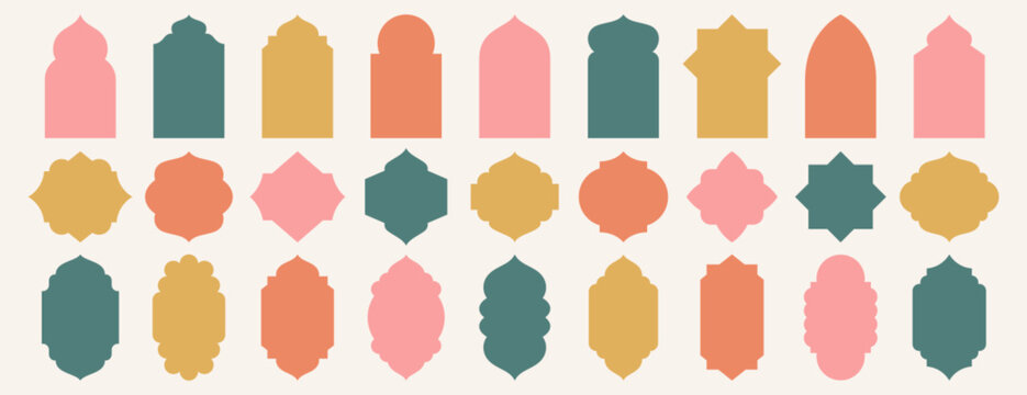 Old mosque windows shape in oriental style. Islamic door set, flat arabic frames or arabian arches silhouette. Muslim architecture geometric design elements, moroccan minimal arcs. Ramadan kareem gate