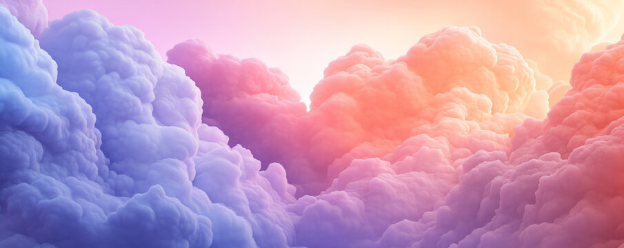 A dreamy background with a central heart composed of soft, flowing clouds in pastel hues, set against a gradient sky transitioning from pink to lavender.