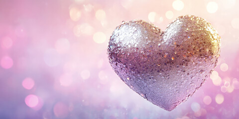Obraz premium A dreamy background with a large, shimmering heart in silver and gold against a soft-focus, gradient backdrop of pale pink and lavender.