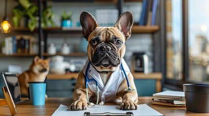 Dr. Frenchie On Duty: A charming French Bulldog dons a stethoscope and sits attentively at a desk, embodying veterinary care and pet health.