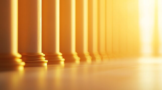 Abstract courthouse pillars representing justice, impartiality, and parity in the law, symmetrical and balanced architecture, golden accents