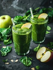Two glasses of green apple smoothie with ice and slices. Organic ingredients on a wooden table.