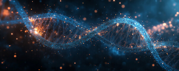 A dynamic background with swirling lines of light and particles forming the shape of a DNA strand, set against a dark, glossy surface.