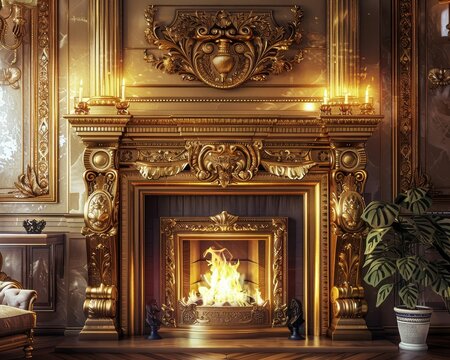 A grand, ornately decorated fireplace with a roaring fire, casting a warm glow.