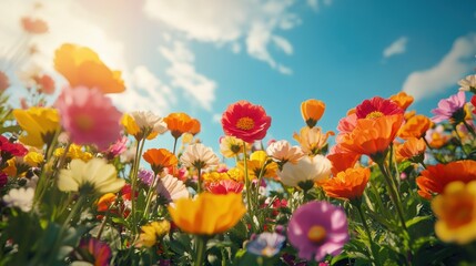 Obraz premium Blooming Beauty Vibrant Spring Flowers from a Low Angle View