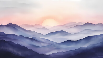 Fototapeta premium Watercolor landscape depicting serene sunrise over misty mountain layers. Foggy Morning. Illustration