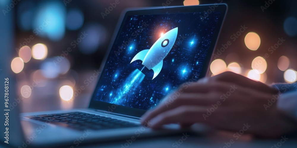 Wall mural hand using laptop with screen showing rocket and space background.