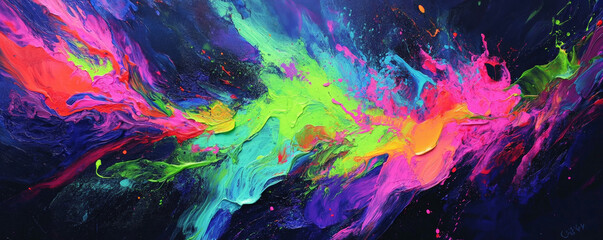 A dynamic burst of neon paints in shades of electric blue, green, and pink, with a glossy, reflective surface that creates an energetic, vibrant explosion.