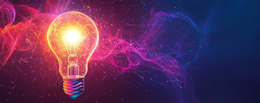 A dynamic design featuring a glowing lightbulb made of interconnected particles, surrounded by swirling neon colors, symbolizing creativity on a dark gradient background.