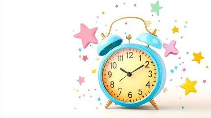 Blue alarm clock with gold accents surrounded by colorful stars.