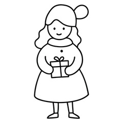 Christmas Silhouette Girl Holding Gift Line Art.