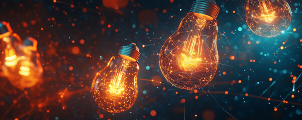 A dynamic design featuring multiple glowing lightbulbs floating in a futuristic, abstract environment, symbolizing the explosion of ideas on a dark background.