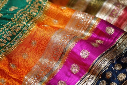 Variety of colorful sari textiles, each with intricate embroidery and patterns that celebrate traditional Indian craftsmanship.