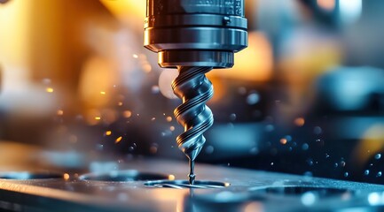A close-up shot of an industrial drill, with its spindly spiral bit turning in the air as it burrows through metal on top of a modern machine shop table.