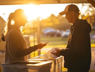 Dedicated Volunteer Assisting Voters at Polling Station with Enthusiasm