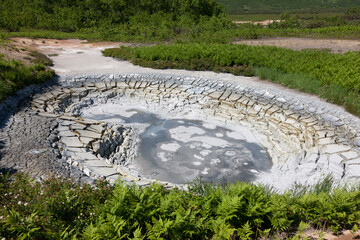 Russia Kamchatka mud volcanoes in the Uzon caldera on a summer cloudy day