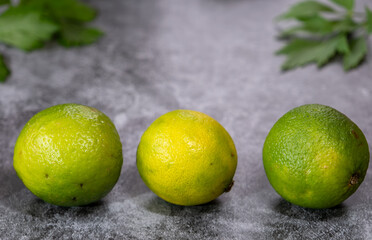 Limetten in einer Reihe, drei Limetten, Zitrusfrucht, Grauer Hintergrund, Blätterrahmen,