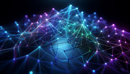 Fototapeta premium Abstract geometric design featuring a network of illuminated translucent lines forming interconnected shapes. The vibrant hues of blue purple and green create a dynamic glow against a dark background