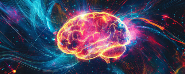 Fototapeta premium A futuristic brain with glowing digital patterns, surrounded by swirling neon colors, representing the concept of thought and ideas on a high-tech background.