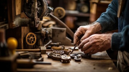 A craftsman meticulously works on intricate mechanical components in a workshop.