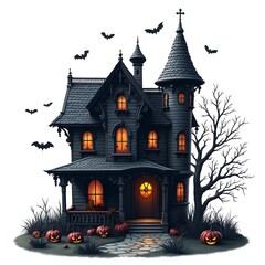 A dark and eerie haunted house with illuminated windows, surrounded by flying bats, leafless trees, and glowing jack-o'-lanterns, capturing the Halloween spirit.