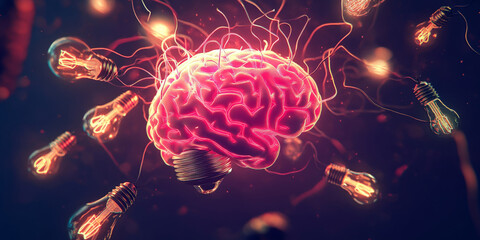 A glowing brain connected to multiple lightbulbs, surrounded by swirling neon lines and particles, symbolizing creativity and the concept of ideas.
