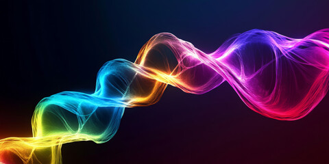 A glowing DNA strand made of abstract, swirling ribbons of light in vibrant colors, set against a smooth, dark gradient background.