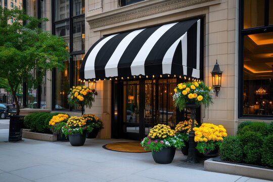 A classic black and white awning over the entrance to a boutique hotel, adding a touch of elegance to the building's faÃ§ade