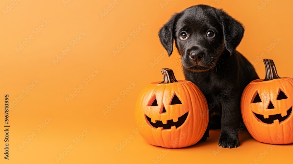 Wall mural Black puppy with two jack-o'-lantern pumpkins image