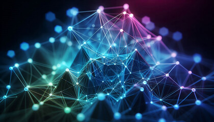 Abstract geometric design featuring a network of illuminated translucent lines forming interconnected shapes. The vibrant hues of blue purple and green create a dynamic glow against a dark background